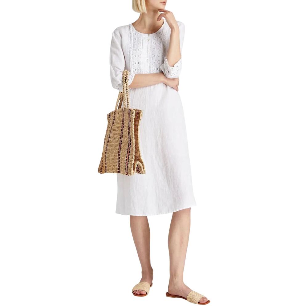 120% Lino White 100% Linen Embroidered Midi Maxi Tunic Dress Boho Large